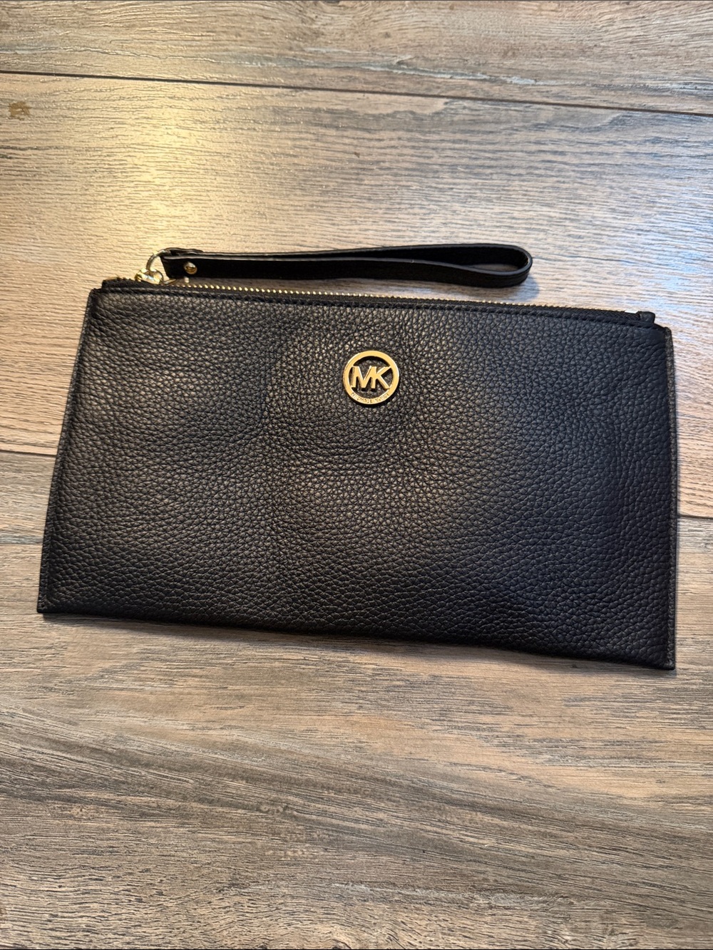 Michael Kors Black Pebbled Leather Wrist Strap Clutch with Gold Logo